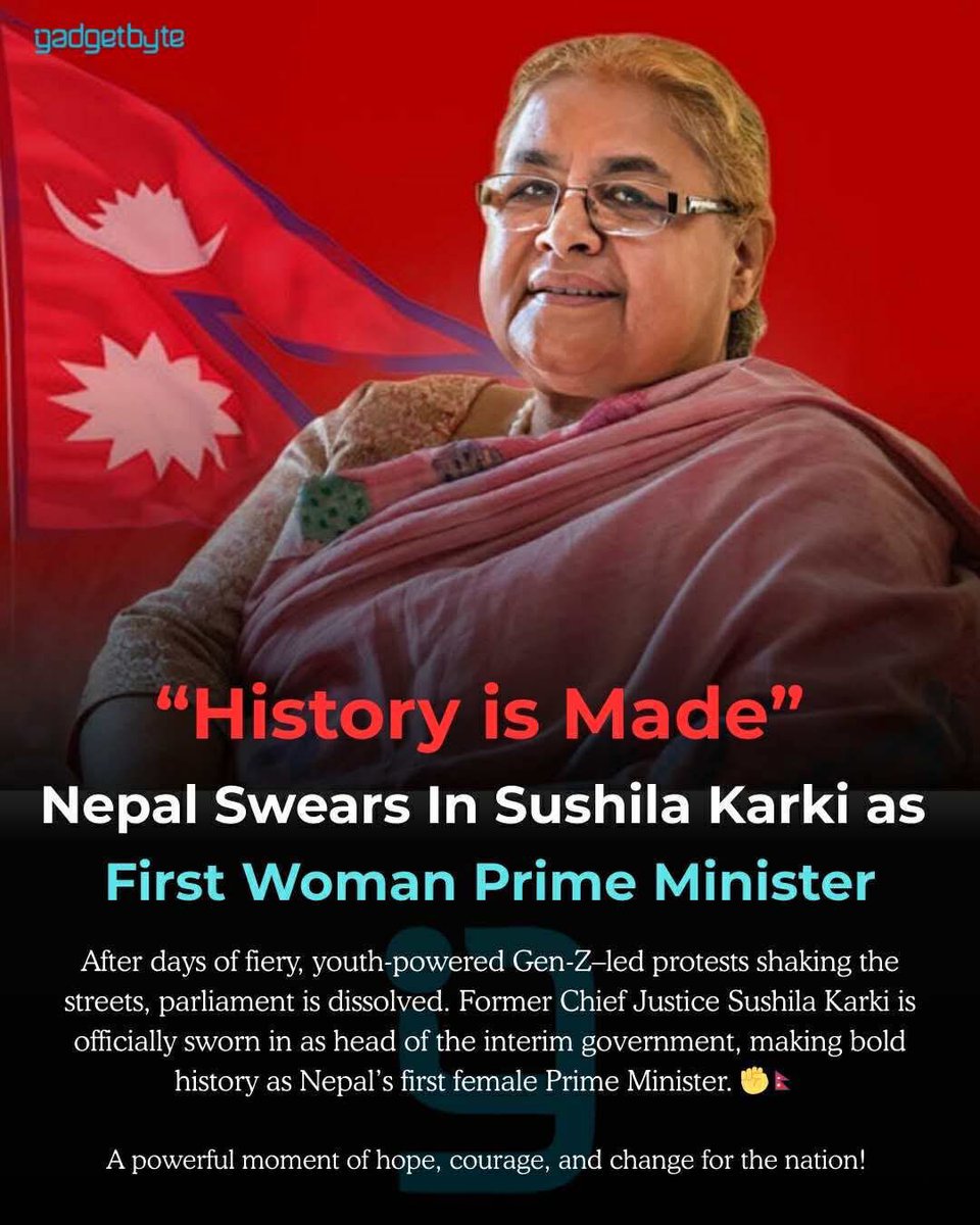prabalgtm's tweet photo. History🙏✊
Sushila Karki

- First female chief justice of Nepal

- First female prime minister (interim) of Nepal

Nepal’s first woman Prime Minister, Sushila Karki — something the political parties could not give, Gen Z has made possible.
Thank you, Gen Z.

#GenZRevolution https://t.co/mmQgoJWags