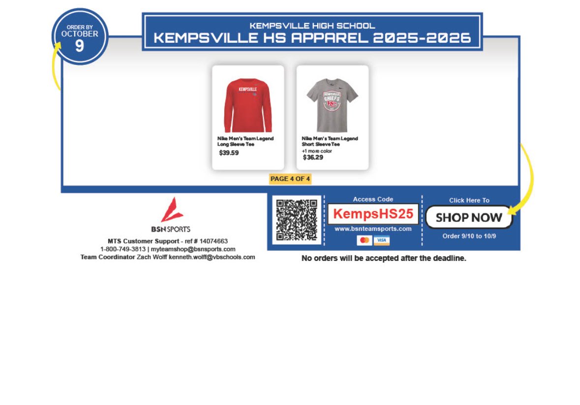 Hey, Kempsville! Place your order for some new Chief gear! bsnteamsports.com/shop/KempsHS25