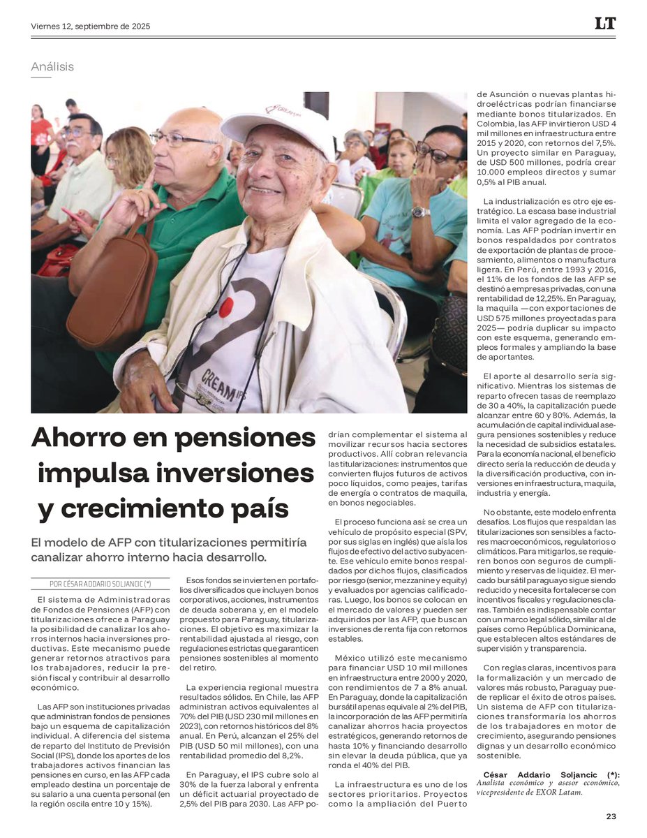 ¡Emocionado de ver mi columna en la nueva edición física de <a href="/TribunaParaguay/">Diario La Tribuna Paraguay</a>! 📰
Analizo cómo las AFP con titularizaciones pueden transformar Paraguay: mejor ahorro previsional + inversión productiva = crecimiento económico sostenible.
Un modelo exitoso en la región que podría