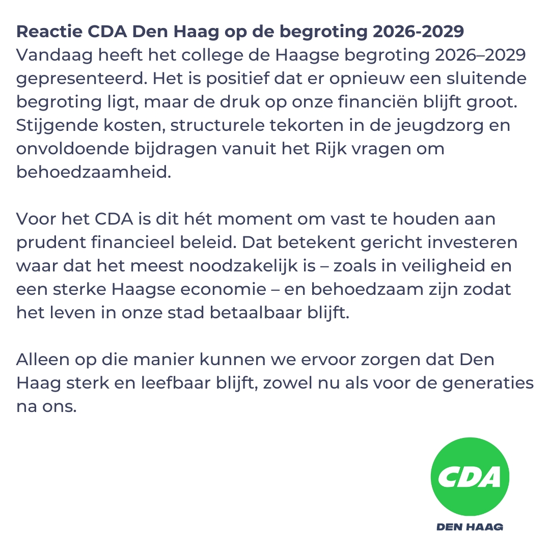 Zojuist heeft het Haagse college de programmabegroting 2026-2029 gepresenteerd. Lees hier de reactie van fractievoorzitter en lijsttrekker
<a href="/KPartiman/">Kavish Partiman</a>
👇 #cdadenhaag #CDA #DenHaag #programmabegroting #statementCDADenHaag