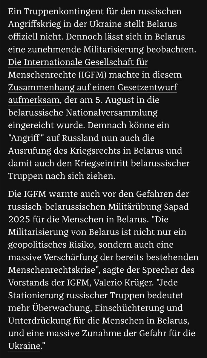 KrugerValerio's tweet photo. Die @IGFM_DE warnte auch vor den Gefahren der russisch-belarusischen Militärübung #Sapad 2025 für die Menschen in Belarus. "Die Militarisierung von Belarus ist nicht nur ein geopolitisches Risiko, sondern auch eine massive Verschärfung der bereits bestehenden Menschenrechtskrise", sagte der Sprecher des Vorstands der IGFM, Valerio Krüger. "Jede Stationierung russischer Truppen bedeutet mehr Überwachung, Einschüchterung und Unterdrückung für die Menschen in Belarus, und eine massive Zunahme der Gefahr für die #Ukraine."
https://t.co/3AuymWYAuk