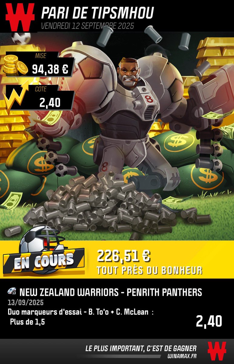 MhouTips's tweet image. Montante 🔥 

Étape 4.1

🏉🇦🇺 Warriors - Panthers
⏰ 8h05

winamax.link/ppEj9

⭐️ McLean et Too Over 1.5 essais@ 2.40

Mise: 94.38€
💰 Gain: 226.51€

❤️♻️

#TeamParieur

Les Panthers devront être féroces c’est un match à élimination qui les attend!

Too is the man