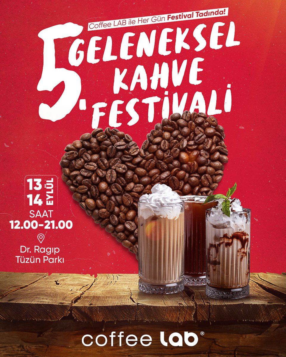 ☕️ 5. Geleneksel Kahve Festivali için geri sayım başladı!  

📍 13-14 Eylül 2025 | 12.00 - 21.00  
📌 Dr. Ragıp Tüzün Parkı’nda buluşalım!  

Festival alanında seni bol kahveli, bol sohbetli, bol keyifli iki gün bekliyor! 🫶🏼