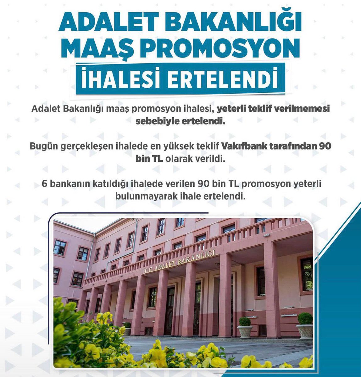 💳 3 gün sonra maaşlar yatacak ancak Adalet Bakanlığı maaş promosyonu belirsizliği sürüyor

📄 Yeni şartname yayınlanarak ihale tekrarlanmalı,

💰 Taban promosyon miktarı netleşmeli ve
🏧 ATM sınırlamaları kaldırılmalı
#AdaletBakanlığı
#Promosyon