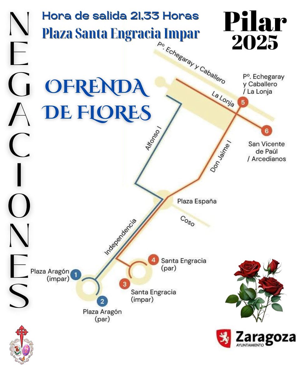 La Cofradía de Jesús de la Soledad ante las negaciones de San Pedro, y de San Lamberto os invita a participar en uno de los actos más bonitos de las Fiestas del Pilar: la Ofrenda de Flores a la Virgen.
Hora de salida: 21:33h Acceso 3.