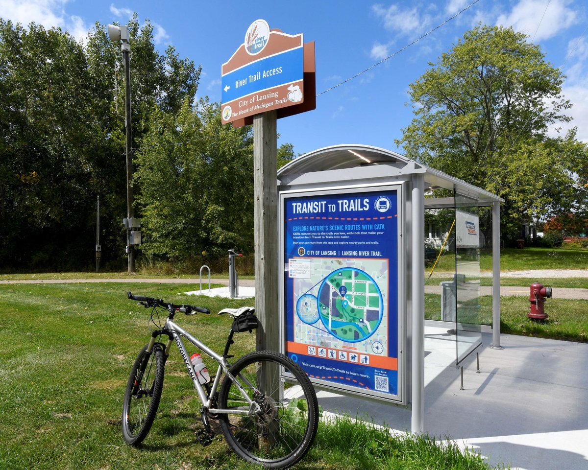 RideCATA's tweet image. 🌿🚍 CATA connects you to the trails you love, w/ tools that make your transition from #TransitToTrails even easier with new bus shelters &amp;amp; amenities near the Lansing River Trail. 🔧🚲🗑️🗺️ 

LEARN MORE: cata.org/TransitToTrails

#rideCATA #PublicTransit