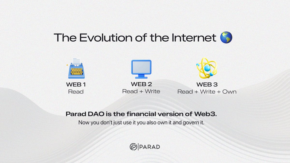 prddao's tweet image. From static pages to true digital ownership the internet has come a long way.

Parad DAO takes the next leap: finance that belongs to its users, not gatekeepers.

Own. Govern. Grow. 🌍

#Web3 #DeFi #ParadDAO #FutureOfFinance