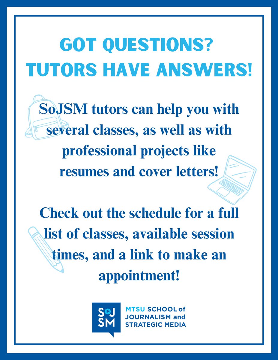 Looking for help with classes? See a tutor! Sessions are available in-person and online – check the link below for tutoring hours and a list of supported classes! The tutoring schedule has also been emailed to SoJSM majors.

studentsuccess.mtsu.edu/tutoring/

#mtsu #sojsm