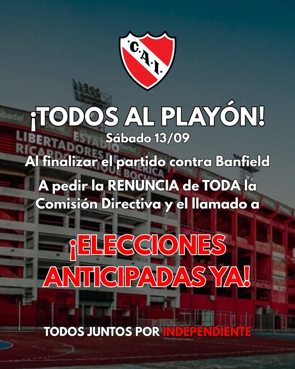 Hoy el único partido que interesa es después de #Independiente vs. Banfield.

Playón LDA-REB y pedido masivo de adelantamiento de elecciones para fin de año. Por el Rojo. Para cambiar de una vez por todas la historia y refundar al más grande de América.

Todo lo demás no es nada.