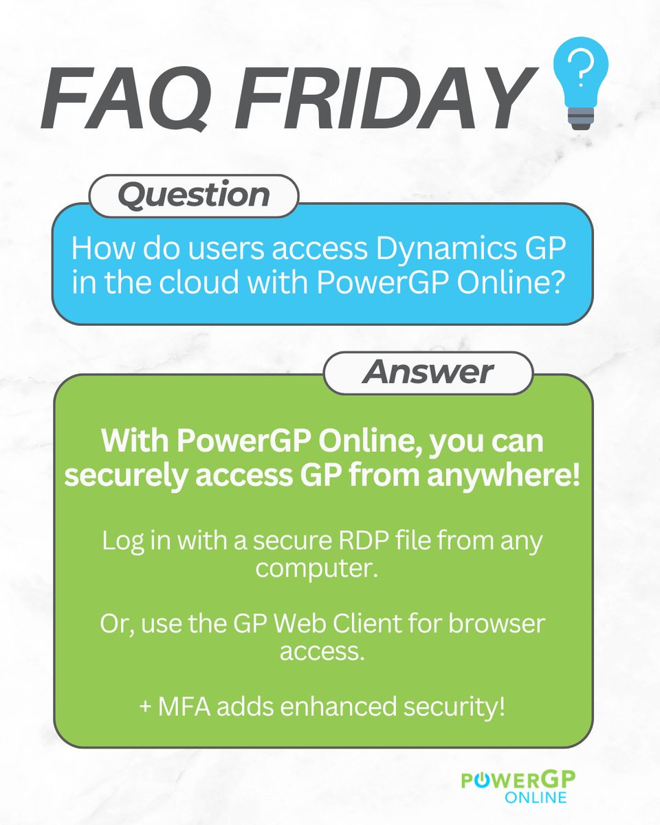 FAQ Friday: Fast, secure GP access shouldn’t be a “nice to have.”
🧠 This week’s Q: How do users access GP in the cloud with PowerGP Online?

#DynamicsGP #CloudERP #PowerGPOnline