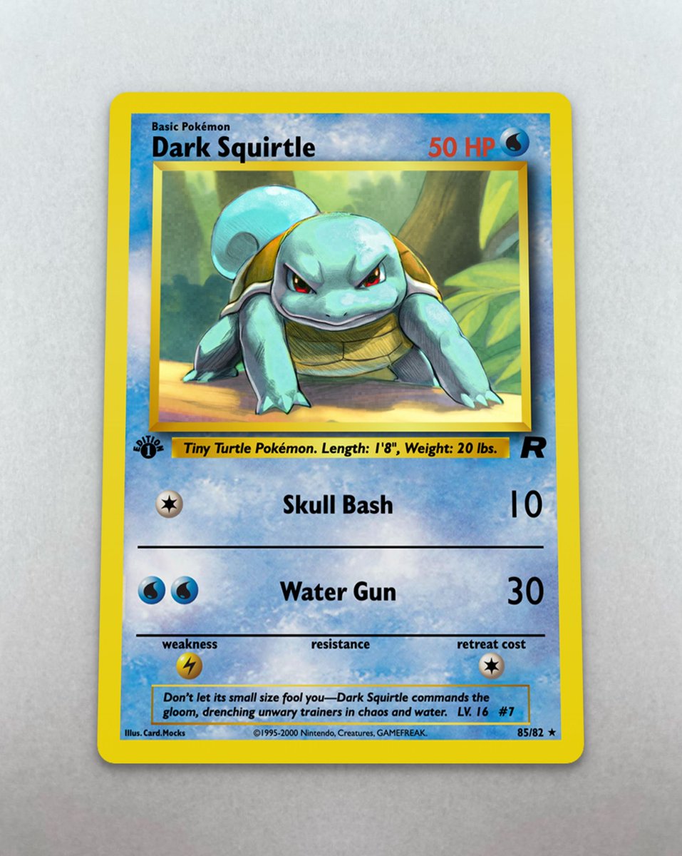 cardmocks's tweet photo. Vintage Dark Squirtle from an Alternate Timeline. Does it look like a real card? ✨

From my year-long experiment using Midjourney and Photoshop, trying to recapture the iconic vintage aesthetic of Ken Sugimori and Mitsuhiro Arita.

#custompokemoncards https://t.co/Vga4v8VHQr