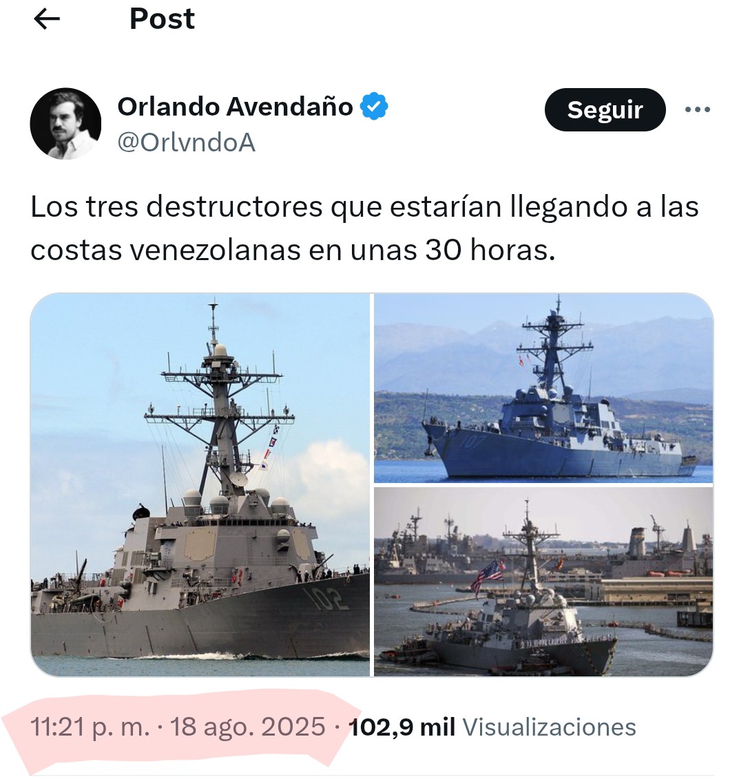 A los "destructores" de <a href="/OrlvndoA/">Orlando Avendaño</a> se los tragó la "Fosa de Cariaco" o el Triángulo de las Bermudas...Nunca llegaron a Venezuela, ni llegarán.