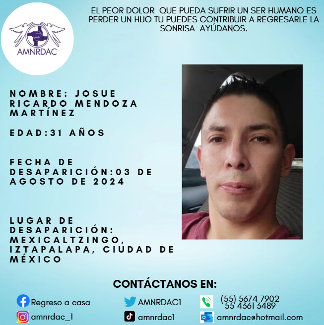 📌Solicitamos su ayuda para localizar a JOSUE RICARDO MENDOZA MARTÍNEZ de 31 años. Llámanos al 55 5533-5533, del interior de la república al *5533, las 24 horas 👉FAVOR DE DIFUNDIR