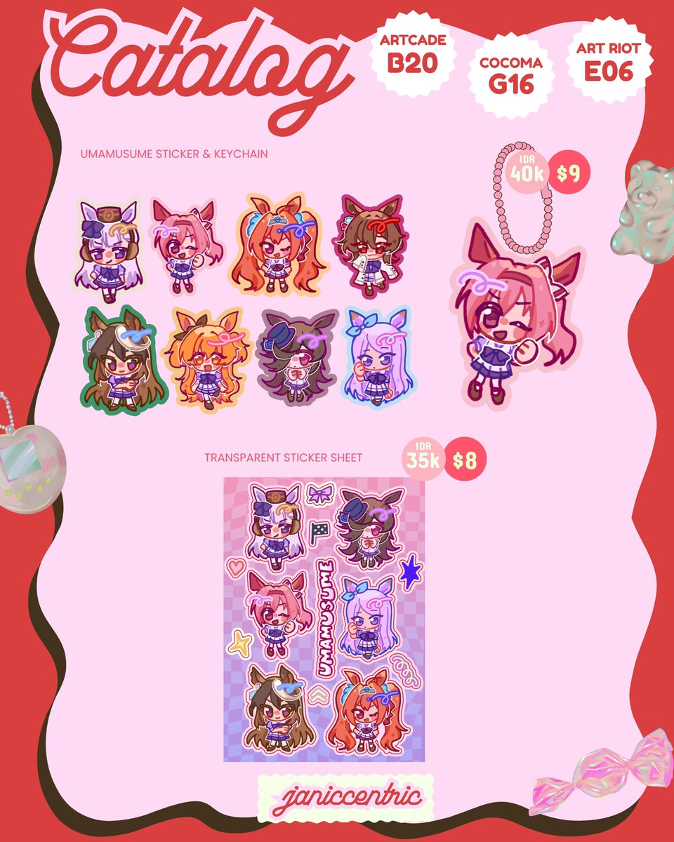 janiccentric's tweet photo. catalog for #artcade and #cocoma this weekend!!! new umamusume stuff 🐎🐎🐎

🍒 artcade B20 
💕 CoCoMa G16
#artcadesg #artcade2025 #cocoma3 https://t.co/ii1joun6Z2