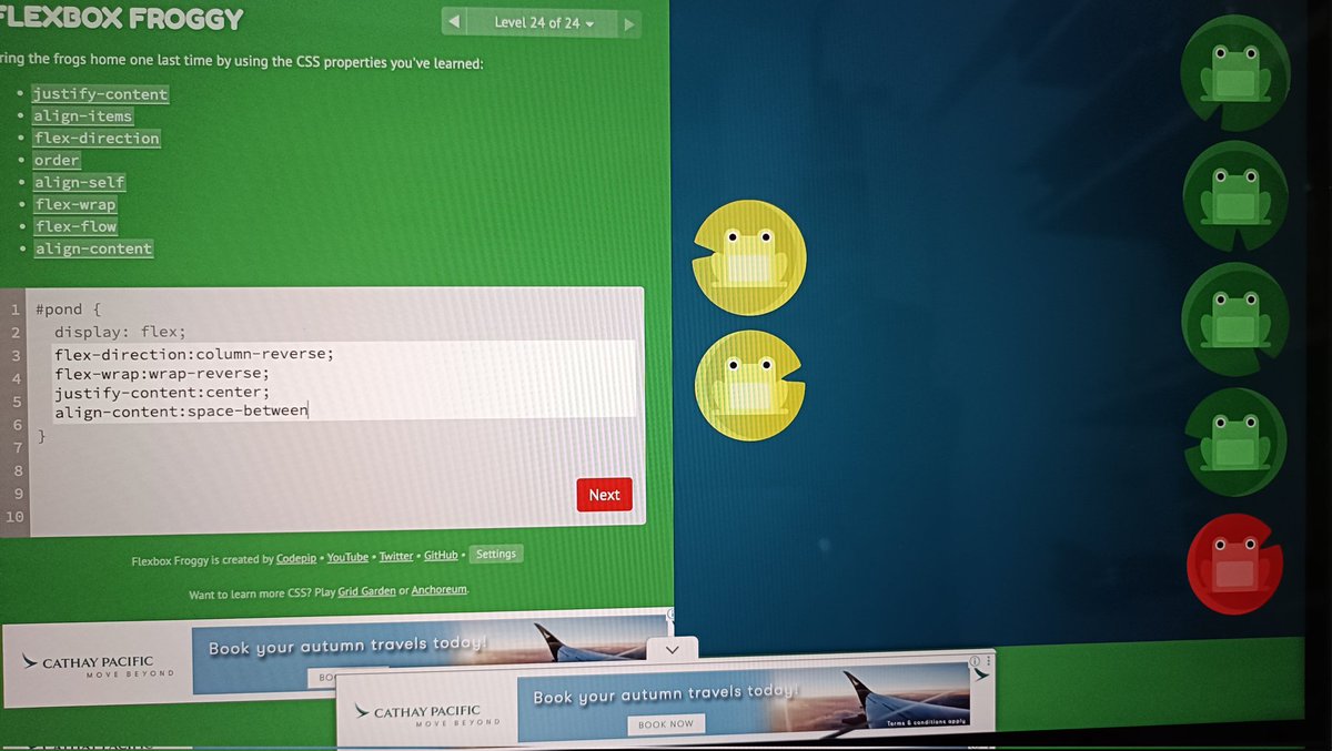 Kashmirichy's tweet image. Day 10 💚 of Defence Challenge 
Week 2 completed 🌟
• In depth of FlexBox
FlexBox Froggy was so interesting i completed all the levels 😆
Bhaiya I hope your health is okay and I wish for a speedy recovery for our editor 💚
@rohit_negi9
@adityatandon02 #Coderarmy #WebDevelopment