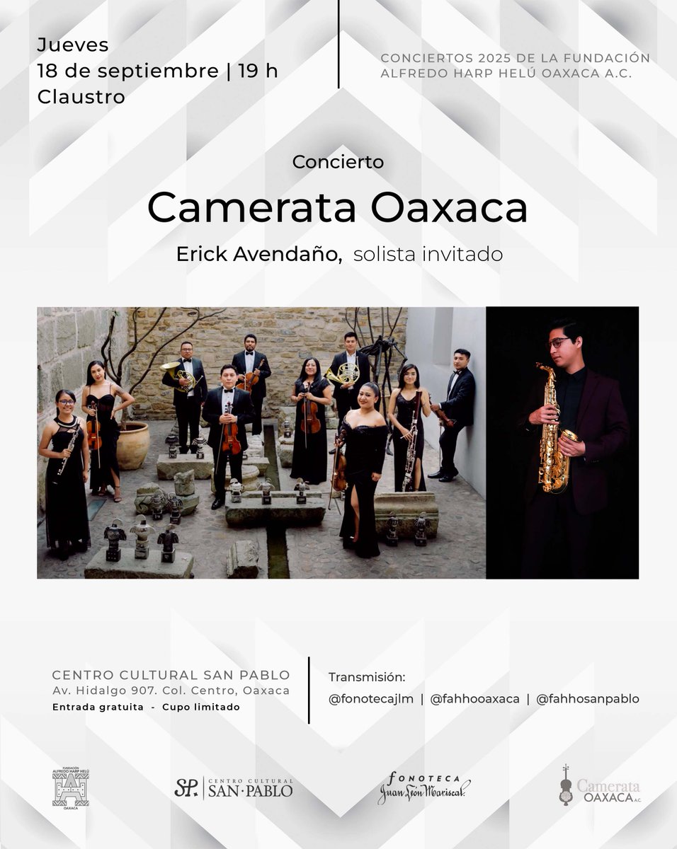 Se acerca nuestro próximo concierto ¡y tú estás invitado!
Asiste y disfruta de la presentación de Camerata Oaxaca y Erick Avendaño, solista invitado, el jueves 18 de septiembre a las 19h en el claustro del <a href="/fahho_sanpablo/">Centro Cultural SP</a>  
<a href="/FundacionAHHO/">Fundación Alfredo Harp Helú Oaxaca</a> 

ENTRADA GRATUITA 
CUPO LIMITADO