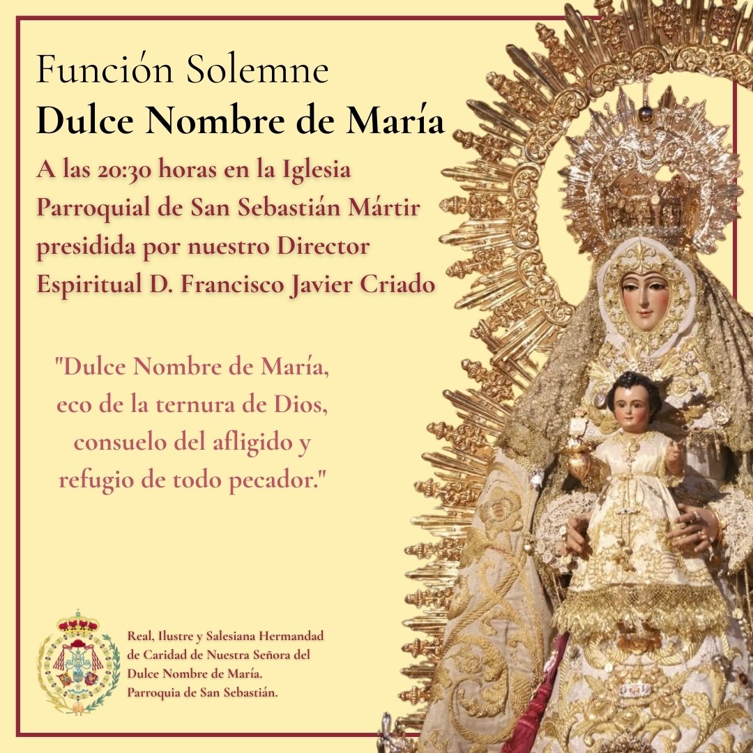 🟡#𝐂𝐔𝐋𝐓𝐎𝐒

🙏🏽 Función Solemne a Nuestra Señora del Dulce Nombre de María.

⏰20:30h

Recordamos que en las ofrendas de dicha Función tendrá lugar la recogida de productos infantiles de alimentación e higiene.

#Charitas #DulceNombre