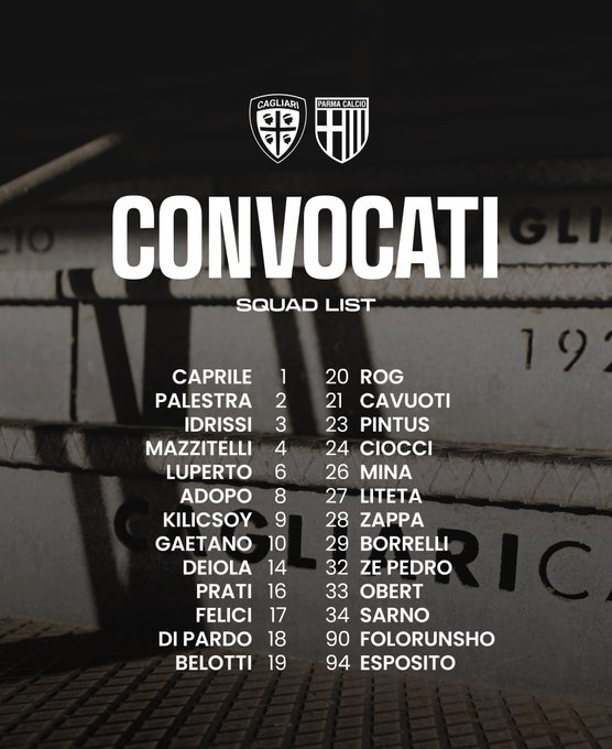 A list of player names and numbers for Cagliari Calcio. The text includes Caprile 1, Palestra 2, Idrissi 3, Mazzitelli 4, Luperto 8, Kilicsoy 9, Gaetano 10, Deiola 14, Prati 16, Zappa 20, Rog 21, Cavuoti 23, Pintus 24, Ciocci 26, Mina 27, Lella 28, Borrelli 29, Ze Pedro 32, Obert 33, Sarno 34, Folorunsho 90, Esposito 94, Belotti 19, Di Pardo 18, and Felice 17. Logos of Cagliari Calcio and another team are at the top.