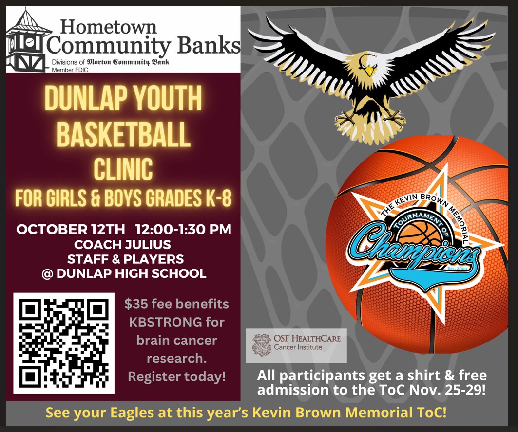 🏀✨ Calling all future Eagles! ✨🏀
Don’t miss the Dunlap Youth Basketball Clinicon October 12th at Dunlap High School!
👉 Open to girls &amp; boys grades K–8
👉 Led by Coach Julius, Eagles coaching staff &amp; players
👉 $35 fee supports KBSTRONG brain cancer research
👉 Includes a