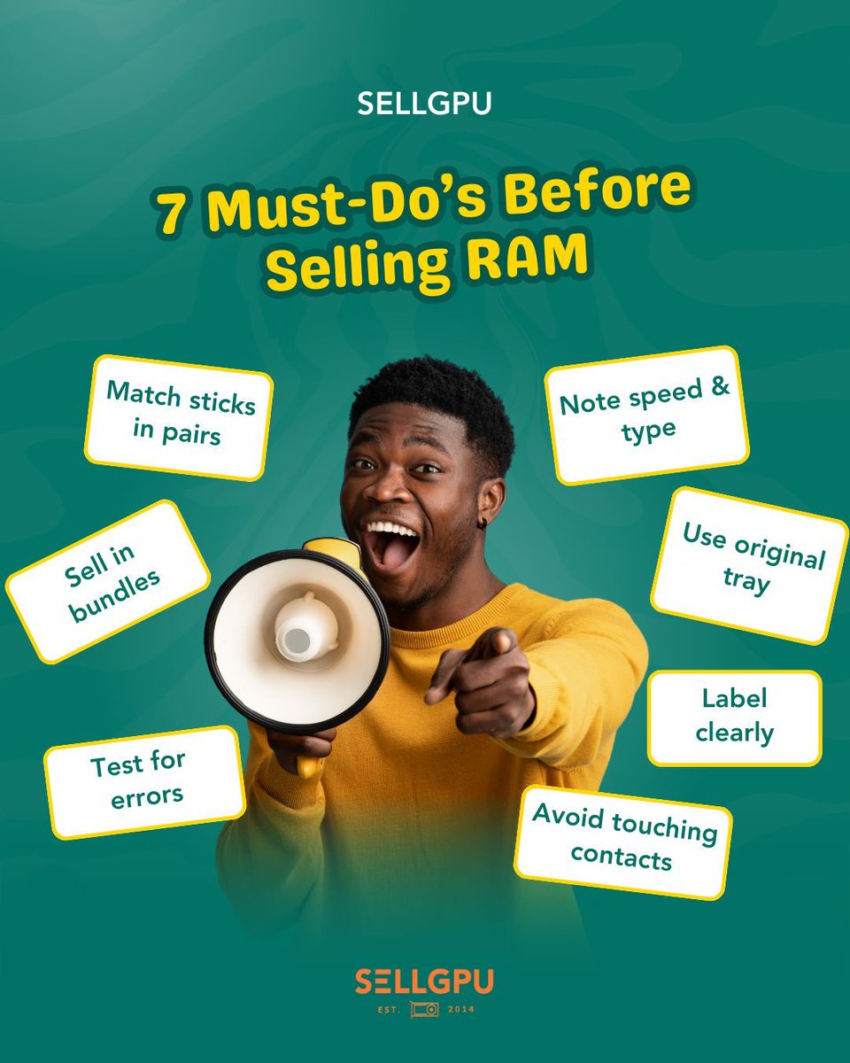 sellgpu's tweet image. Never underestimate the worth of RAM—it remains valuable! 🖥️ Package, verify, and confidently sell at SellGPU.com. #TechResale #ComputerParts