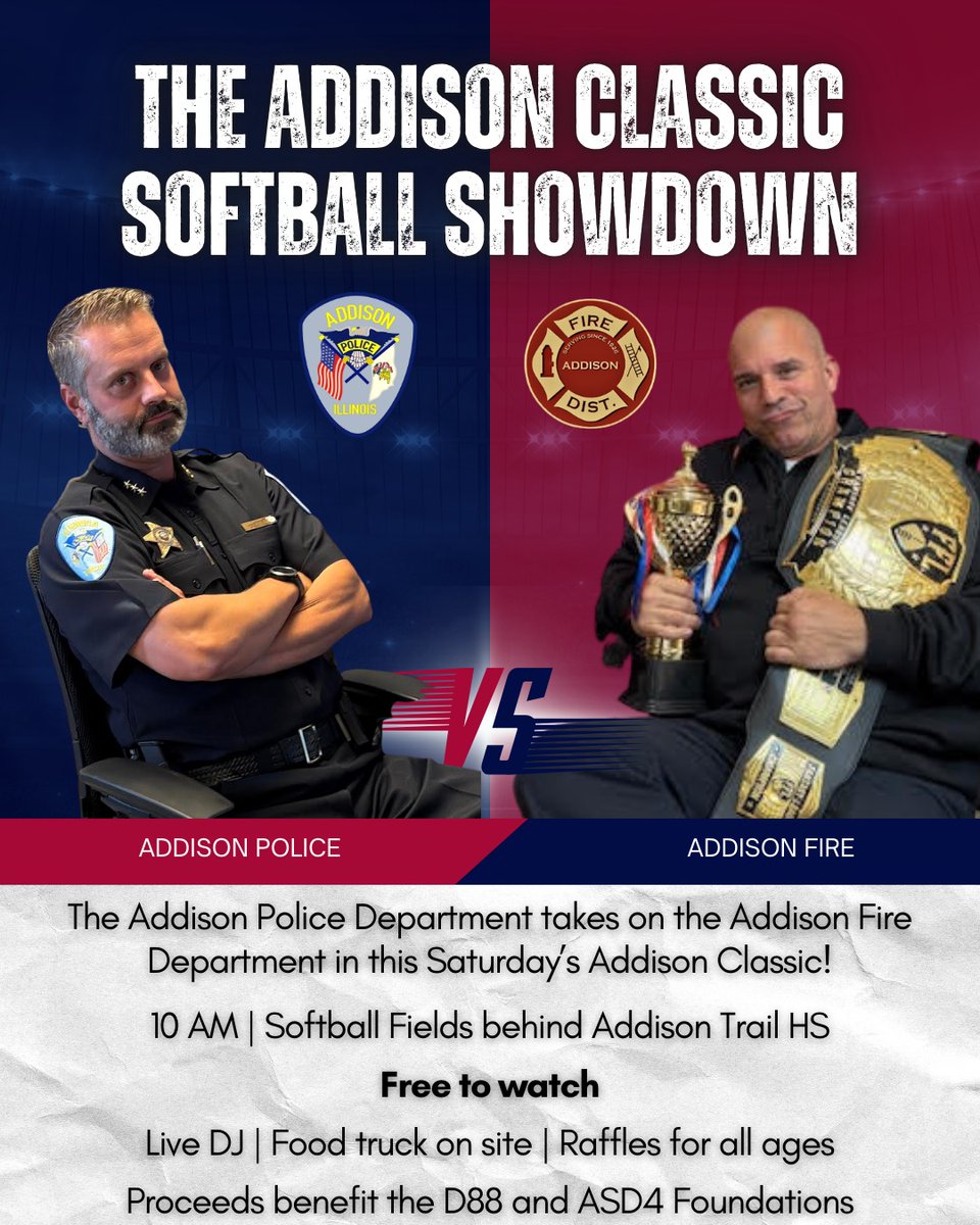 1st Annual Addison Classic is Tomorrow!
Join us tomorrow, Saturday, September 13, 2025, at 10:00 AM as the Addison Police Department takes on the Addison Fire Protection District in a friendly showdown at Addison Trail’s Softball Fields (213 N. Lombard Road)!
