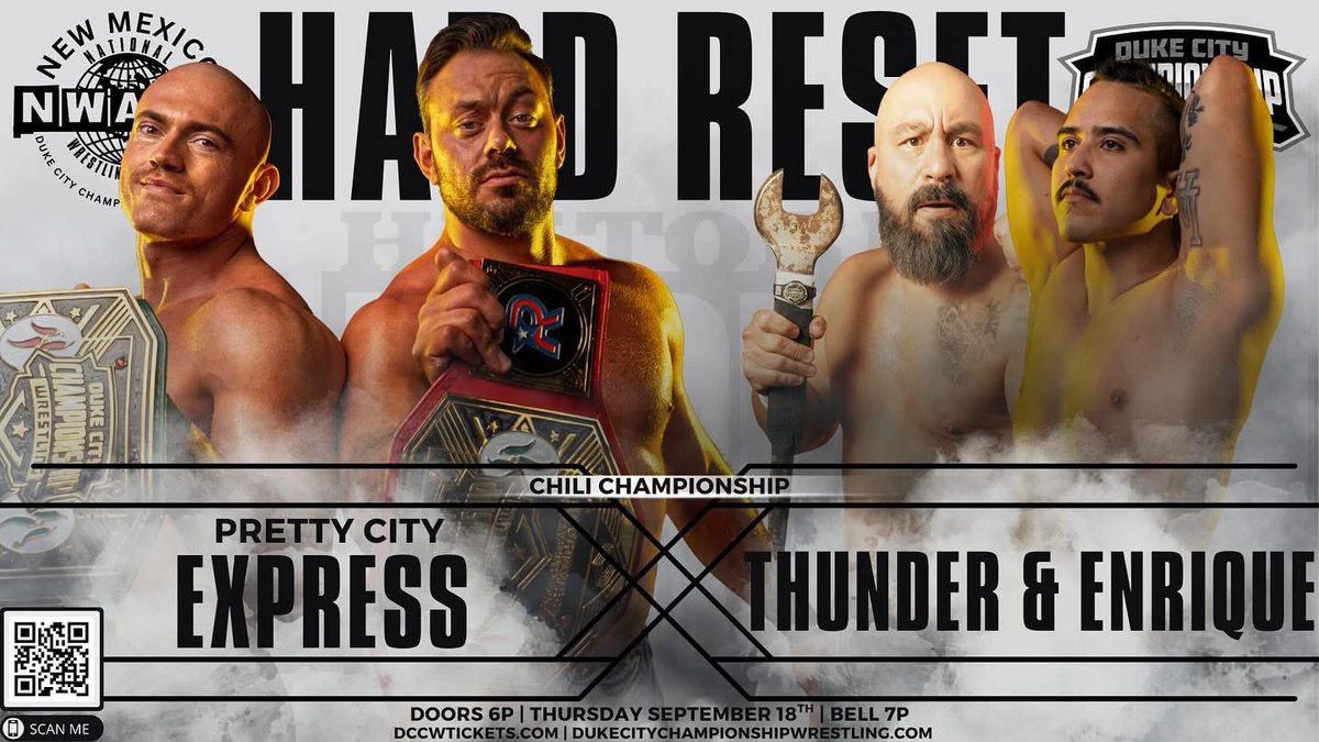 🌶️TAG TEAM TITLE MATCH🌶️

Hard Reset at the Historic El Rey Theater on September 18th will crown the hottest tag team in the Duke City.

💥Chili Championship💥
🏆Pretty City Express(c) vs. Thunder &amp; Enrique Calderon

#DCCW #HardReset #ProWrestling #ElReyTheater #ChiliChampionship