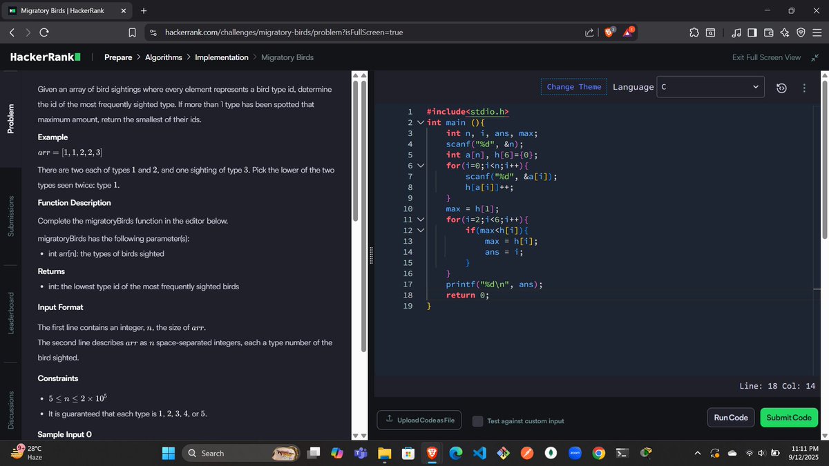 codewithGenZ's tweet image. Day 73🚀: #100daysofcode : #GeeksforGeeks
Today i solved problem on #Hackerrank
-Migratory Birds
#C_language #100daysofchallenge #codinglife #LearnInPublic #learnprogramming #programmer #coder #CodingJourney #codewithGenZ #BuildYourself #Hackathon #Genius #Ai #python #crazy