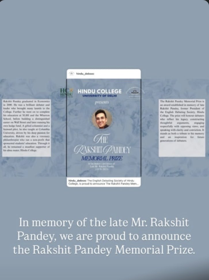 RSPandey_RSP's tweet photo. My son Rakshit passed away two years back in Jersey City on 12 September, 2023. Two years later, today , Hindu College, University of Delhi announced The Rakshit Pandey Memorial Prize in his memory and honour. Grateful thanks to his Alma Mater! https://t.co/oj6SXQDe29