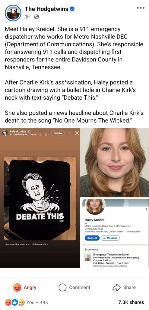 Make Haley Kreidl famous.  She should be fired immediately.  She is a sick human being should not be employed by the city of Nashville or anywhere else. <a href="/NashvilleMCO/">Metropolitan Council Office</a>