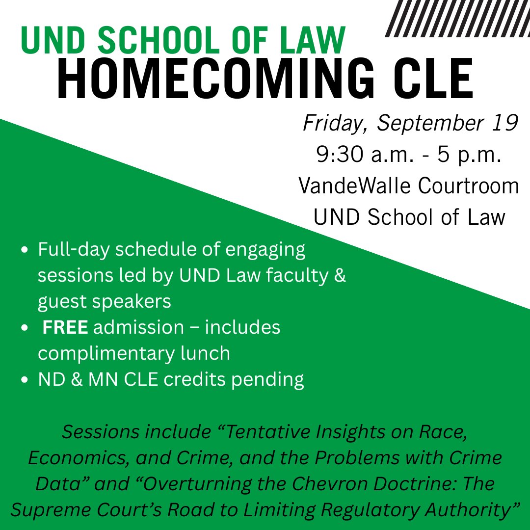 UND Law Homecoming CLE – Register Today!

👉 Register today: ow.ly/1xWN50WVYyo

📖 View the full schedule here: ow.ly/1xWN50WVYyo

Help us spread the word  and join us for an inspiring day of learning and connection!

#UNDproud #UNDlaw