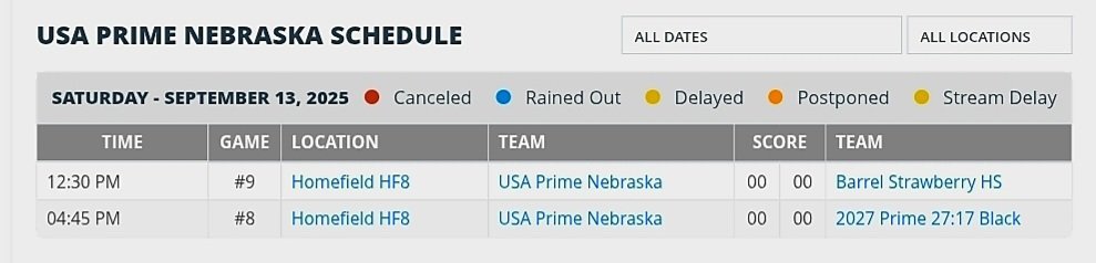 USA Prime Nebraska 18u will be playing this Saturday in Kansas City <a href="/PBRTournaments/">Prep Baseball Tournaments</a> at <a href="/homefieldkc/">Homefield Kansas City</a> 12:30pm field 8 and 4:45pm field 9. Come out and see some dudes.  web.gc.com/teams/rAEgr0S6…
Game 1 V. Barrel Strawberry 18u
SP - <a href="/BradyHanus08/">Brady Hanus</a> 
RP - <a href="/CarsenMalcolm/">Carsen Malcolm</a> 

Game 2 V. KC