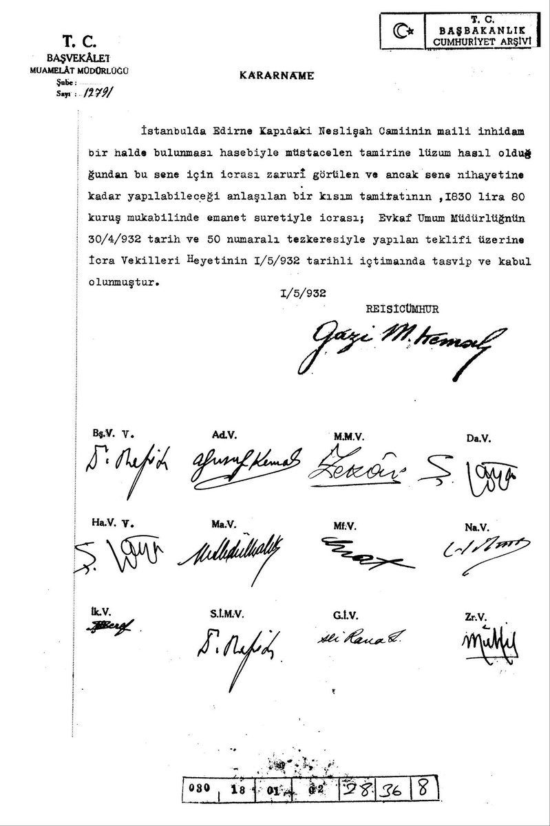 Yıl 1932, İstanbul Edirnekapı'daki Neslişah Camii'nin emanet usulüyle tamir ettirilmesi