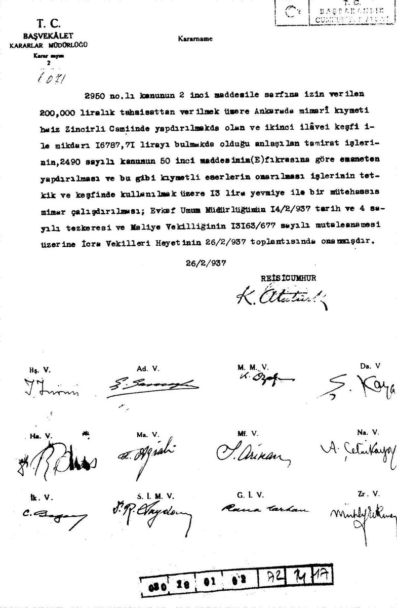 Yıl 1932, Ankara'daki Zincirli Camii tamiratının emaneten yaptırılması ve kıymetli eserlerin onarımı için bir uzman mimar çalıştırılması.