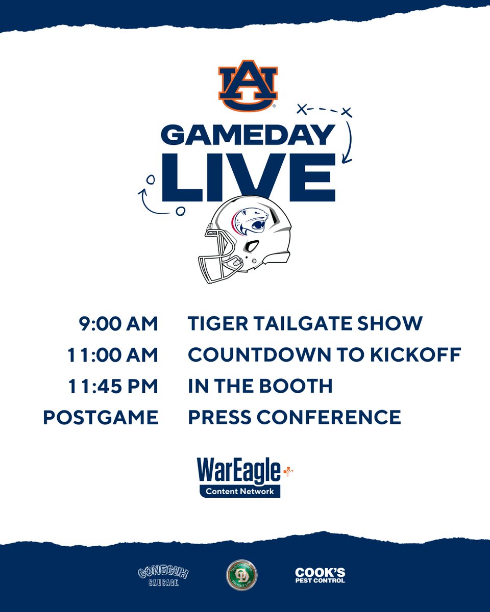 Saturday starting at 9 AM: Auburn Gameday LIVE!

The show is your chance to see live shots from Jordan-Hare, Toomer's Corner and more. Watch on the WarEagle+ Content Network and wareagleplus.com!

#WarEagle