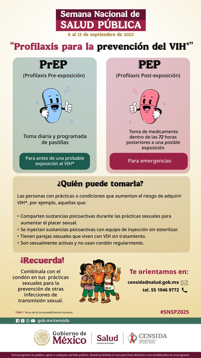 Censida (@censida) on Twitter photo Actualmente existen alternativas efectivas y gratuitas como la #PEP y #PrEP para prevenir el #VIH, conoce más sobre este tema en: censida@salud.gob.mx o marca el teléfono 55 19 46 97 72
#SNSP2025 Actualmente existen alternativas efectivas y gratuitas como la #PEP y #PrEP para prevenir el #VIH, conoce más sobre este tema en: censida@salud.gob.mx o marca el teléfono 55 19 46 97 72
#SNSP2025