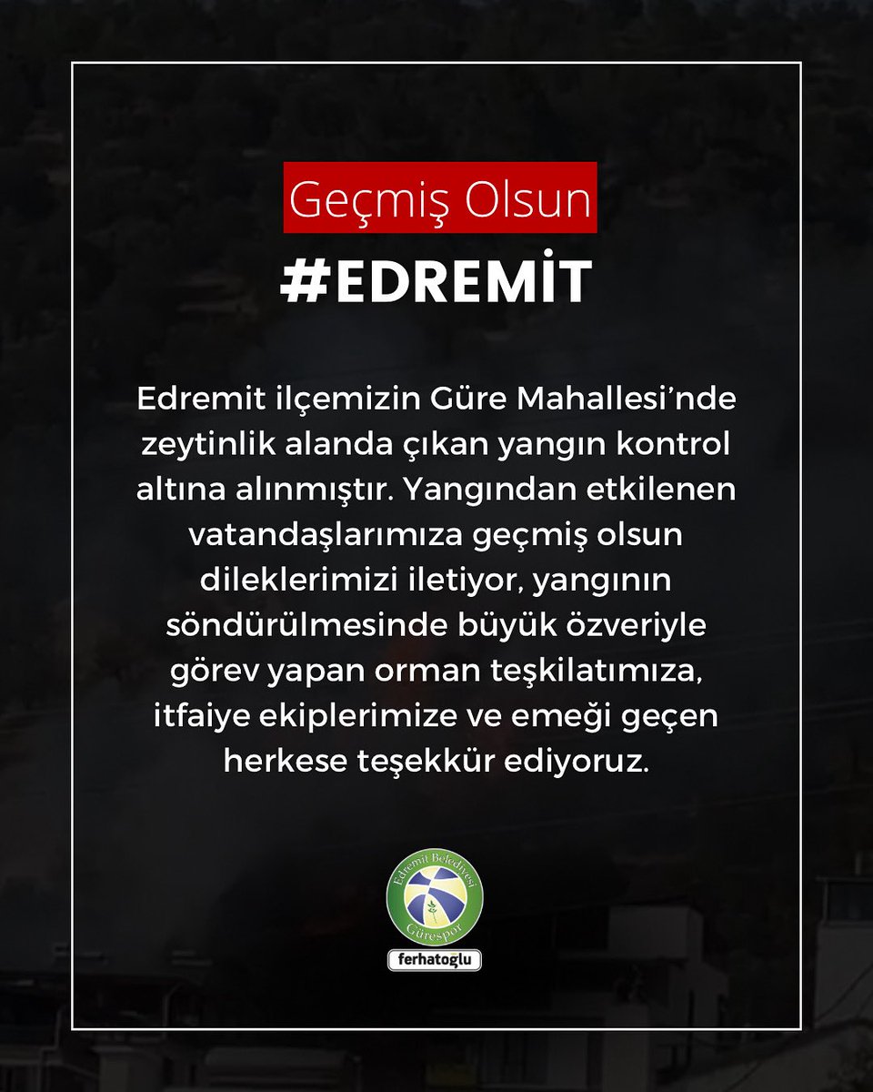 Edremit ilçemizin Güre Mahallesi’nde çıkan yangın kontrol altına alındı. Yangından etkilenen vatandaşlarımıza geçmiş olsun. Özveriyle mücadele eden orman teşkilatımıza, itfaiyemize ve emeği geçen herkese teşekkür ederiz.