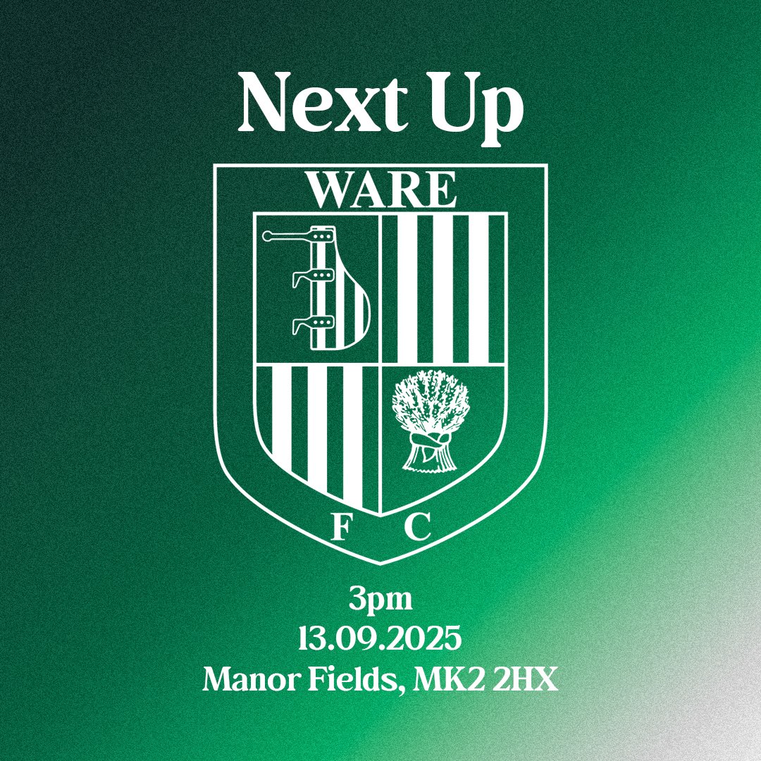 ☘️⚽️ | NEXT UP

We return to Manor Fields tomorrow as we host Ware in league action.

🆚 <a href="/Ware_FC/">Ware FC</a> 
🗓 Saturday 13th September
⏱ 3pm KO
📍 Manor Fields, MK2 2HX

#NonLeague #UpTheIrish #SouthernLeague
