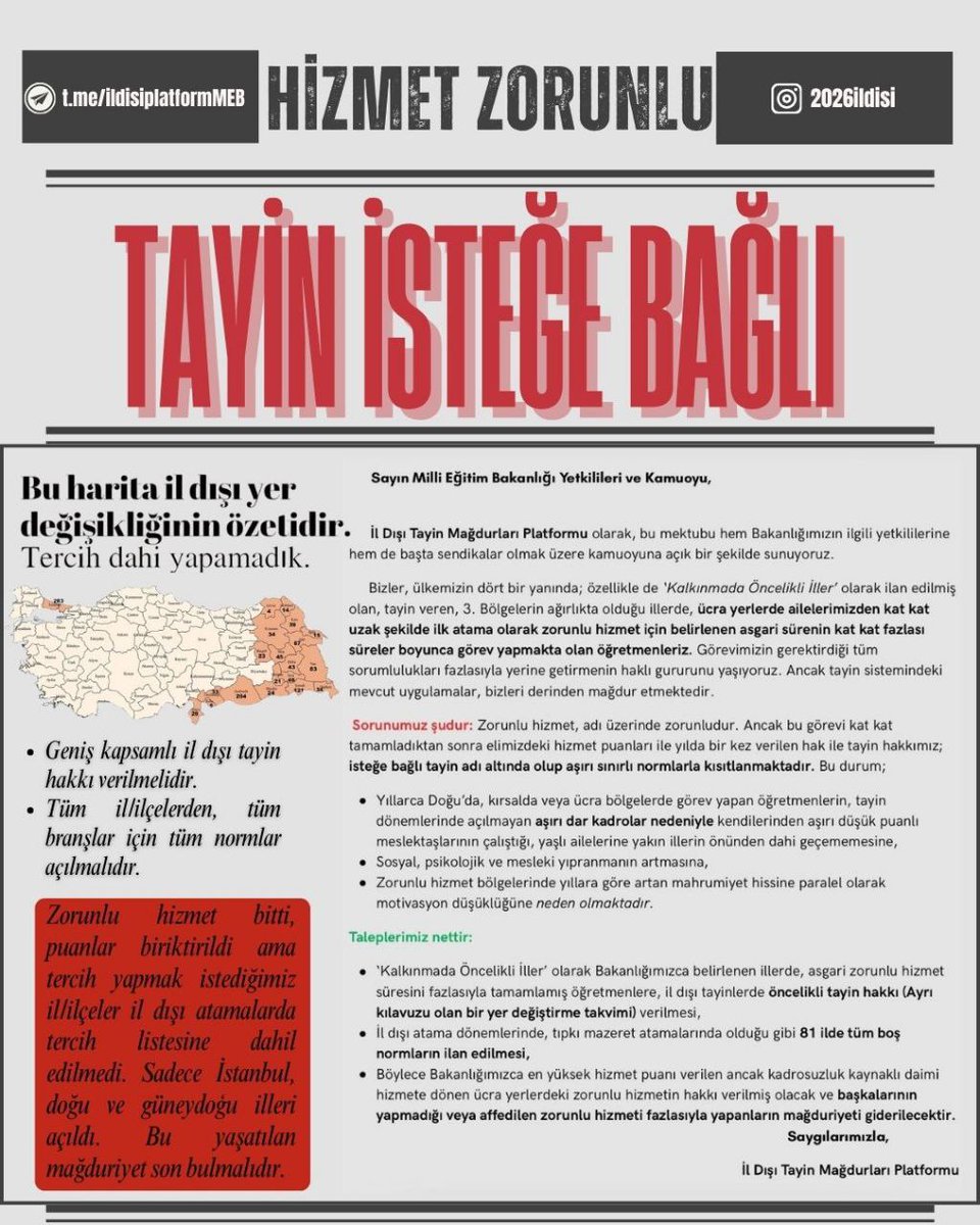 <a href="/Yusuf__Tekin/">Yusuf Tekin</a> <a href="/cnnturk/">CNN TÜRK</a> <a href="/hakanchelik/">Hakan Çelik</a> HİZMET ZORUNLU, TAYİN İSTEĞE BAĞLI❗#MEBİldışıMağdur
📢 Doğu'nun ücra köşelerinde, bizimle aynı şartta atanmış başka öğretmenlerin yerine yaptığımız, 3 yıllık yerlerdeki 10 yıla yakın şark hizmetinin karşılığında alınan puanlar geçen yıl hiçe sayıldı. KADRO YOK!
📢 Norm krizi