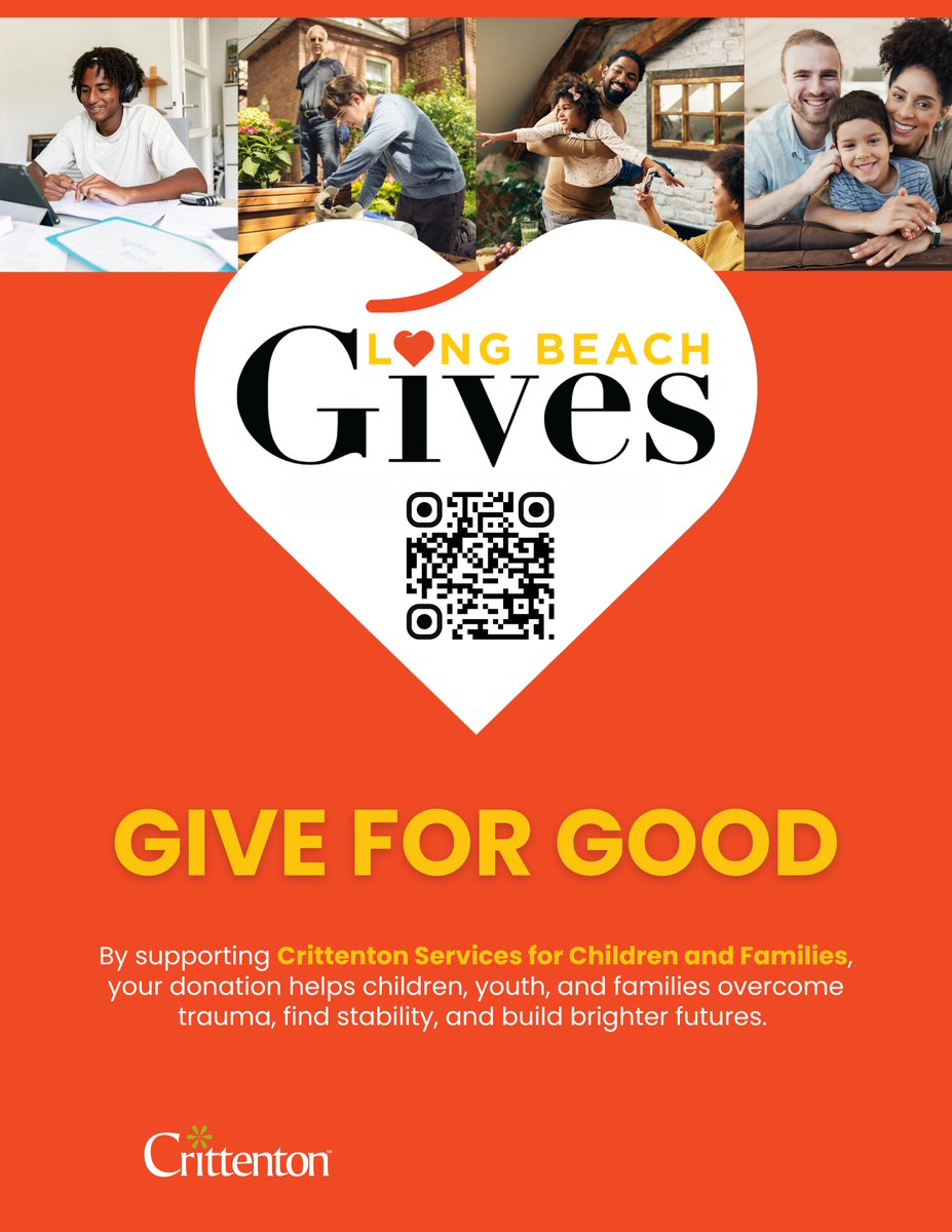 It’s time! Early giving for #LongBeachGives is live.
Your gift to Crittenton helps children, youth &amp; families build brighter futures, and donations are matched! 💙
👉 Give now: mtyc.co/30kqkf

#CrittentonSoCal #GiveBackLB #DoubleTheImpact