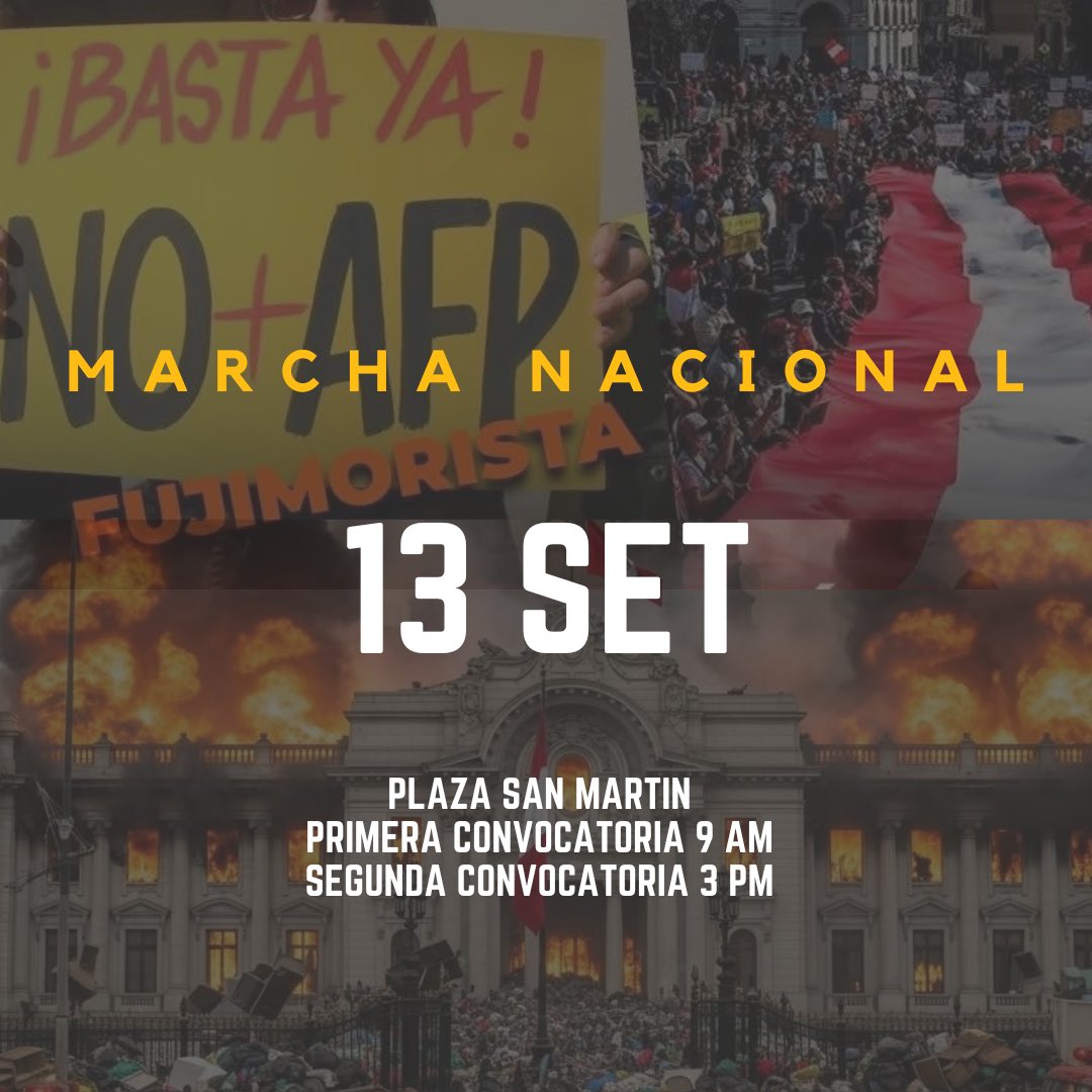 agmfox23's tweet photo. 🇵🇪Jornada de lucha contra el régimen de Keiko-Boluarte. Este 13 Set nos autoconvocamos para luchar contra los miserables que se apropiaron del poder para atentar contra la población con leyes #ProAFP #ProSaqueo #ProCrimen #ProEsclavitudPlaza San Martín 9 am Refuerzos 3 pm https://t.co/pwHqFfnPU3