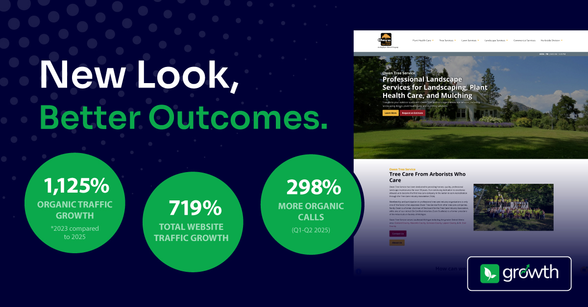 If your website is not bringing in leads, it's not working.

Just ask Owen Tree Service. Their new Arborgold Growth Website has helped them achieve 719% traffic growth &amp; get 298% more calls from website visitors. Learn how they did it: hubs.li/Q03J0MSP0