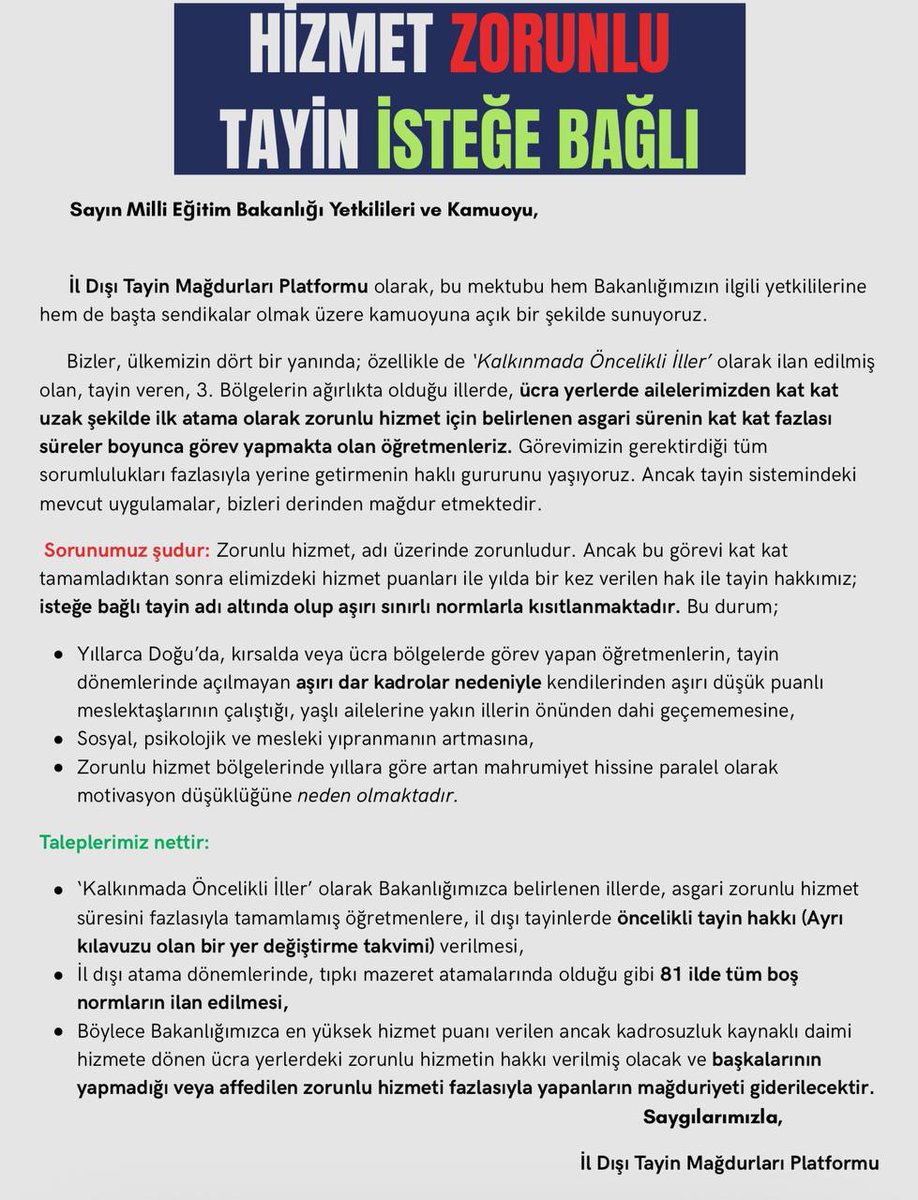 <a href="/Yusuf__Tekin/">Yusuf Tekin</a> <a href="/cnnturk/">CNN TÜRK</a> <a href="/hakanchelik/">Hakan Çelik</a> Sayın Bakanım, isteğe bağlı il dışı tayin sisteminin işlerliği ile ilgili ciddi revizyonlara ihtiyaç duyuyoruz. Sistemin geldiği nokta, adeta ilk atama yerlerinde öğretmenleri sabitler niteliktedir. Sizlerden kalıcı, adil ve eşit düzenleme adımları bekliyoruz. #MEBİldışıMağdur