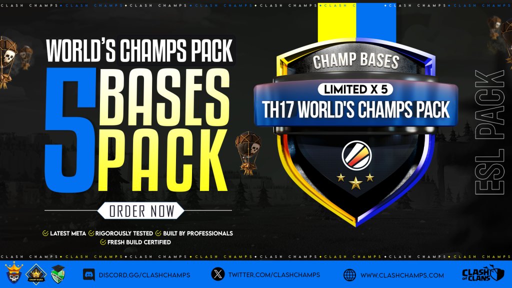 🚨 New Bases to Help You Win!

⚙️ Handcrafted by the BEST in the World

🔥 TH17 LTD Legendary Champs Pack
🔥 World’s Champs TH17 Pro Pack
🔥 TH17 LIMITED VARIETY PACK

🛒 clashchamps.com/product-catego…

⚡️ Stock won’t last!