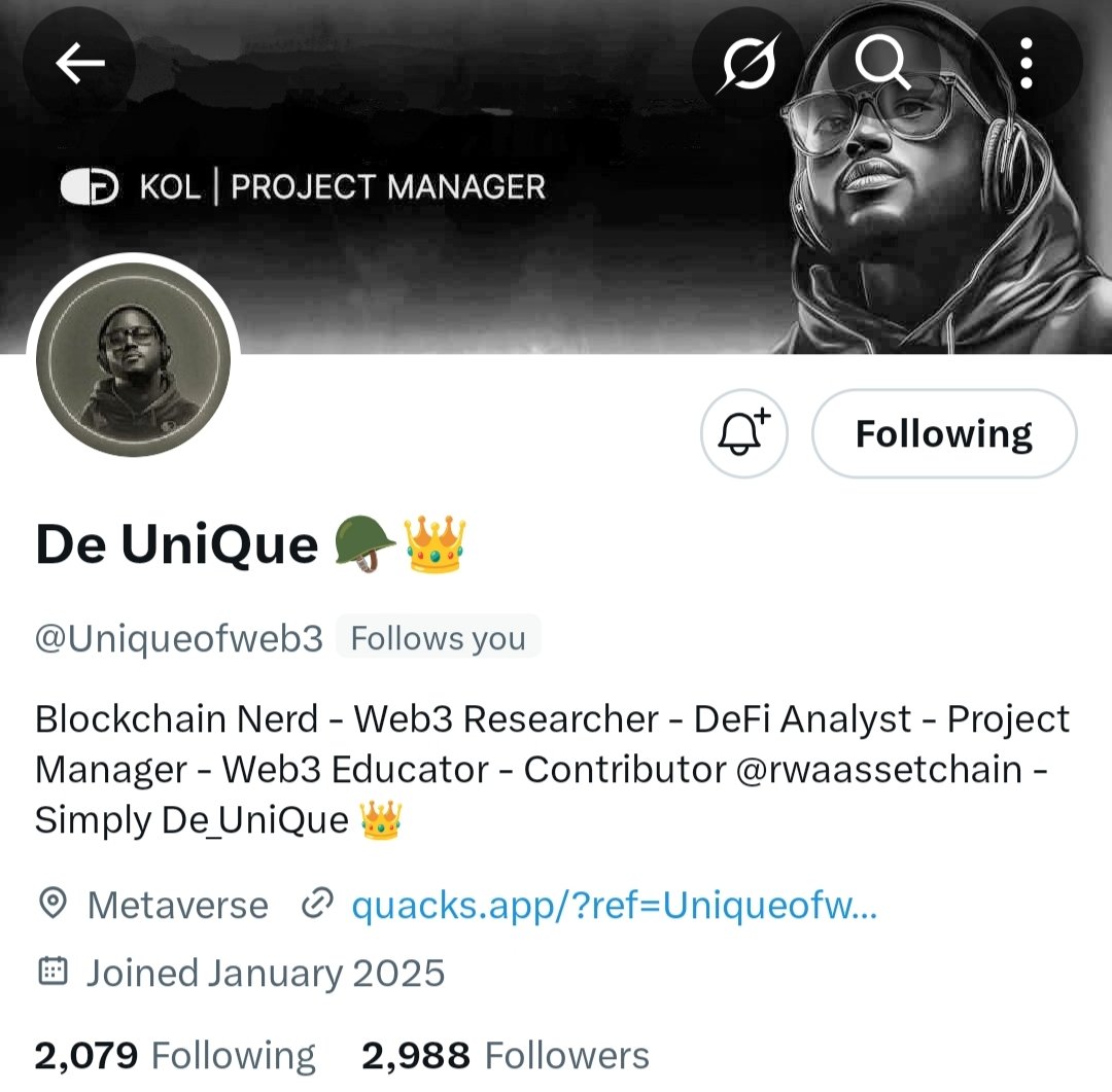 Jama'a pls akaimana Oga <a href="/Uniqueofweb3/">De UniQue 🪖👑</a> 3k follower's yanzu-yanzu.

Kowa yasan waye Unique wurin bada ilimi da Alpha batareda mugunta ko ganin kyashi ba, pls akai manashi domin muna mu nunamasa support dinmu 🙏🙏🙏