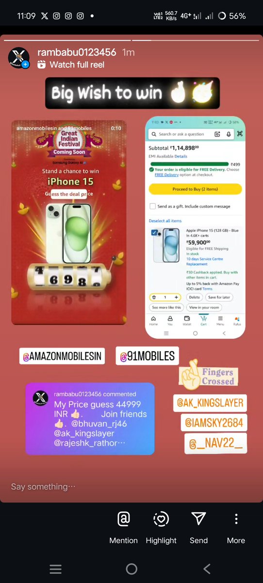 Rambabu0123456's tweet photo. Entry done ✅
Thanks @91mobiles & @amazonIN for the opportunity 🤩
Price guess of iPhone 15 - 44,999 INR.
Wish i win 🤞🏻🥳
🚨🚨Join friends on Instagram🚨🚨
Giveaway link - https://t.co/BFIrH7Gzu6
#AmazonGreatIndianFestival
#AmazonMobilesIn #iPhone15 #GuessThePrice
#Contest #AmazonIndia