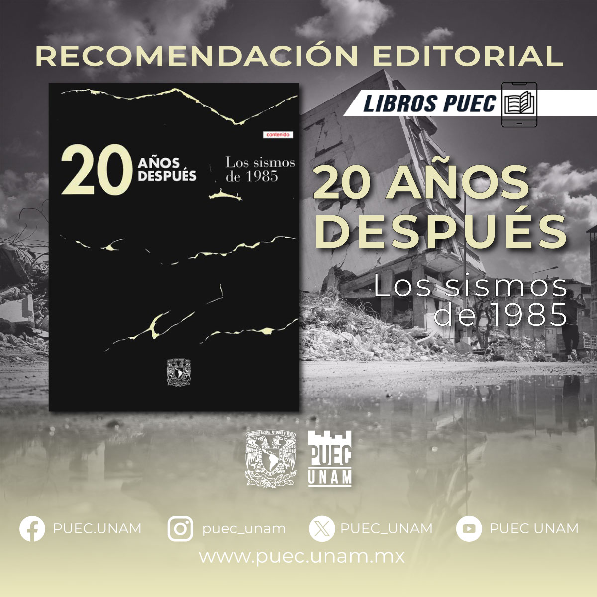 En 2005, 20 años después de los sismos de 1985, el PUEC hizo un balance sobre el impacto de aquel evento. Este📖 contiene testimonios de personalidades de la academia, sector público y social que tuvieron un papel determinante en el devenir de la capital. 
bit.ly/1985_20añosdes…