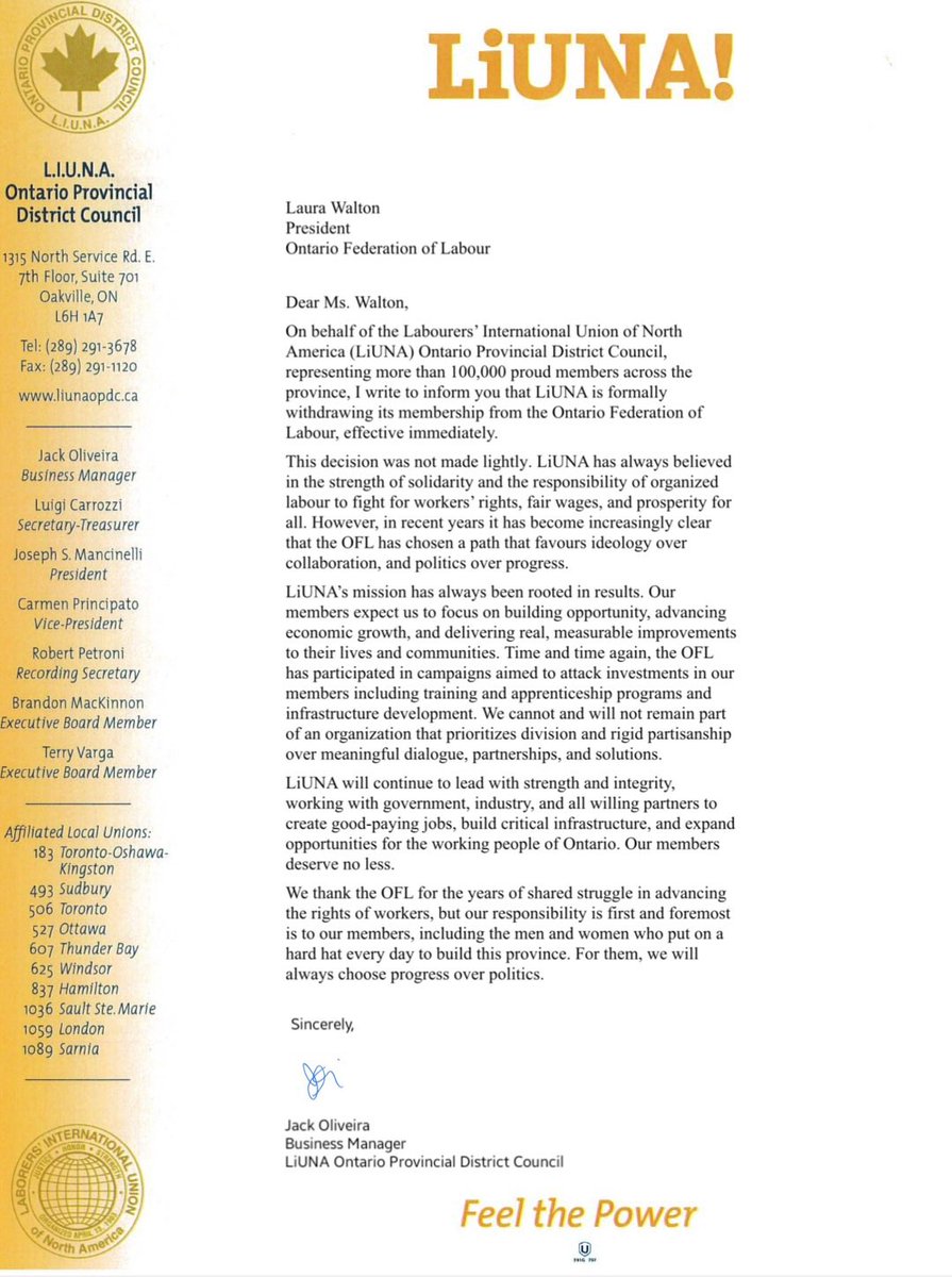 Statement from LiUNA OPDC Business Manager, Jack Oliveira, on behalf of the LiUNA OPDC Executive Board

The LiUNA Ontario Provincial District Council has made the unanimous decision to withdraw from the Ontario Federation of Labour (OFL)