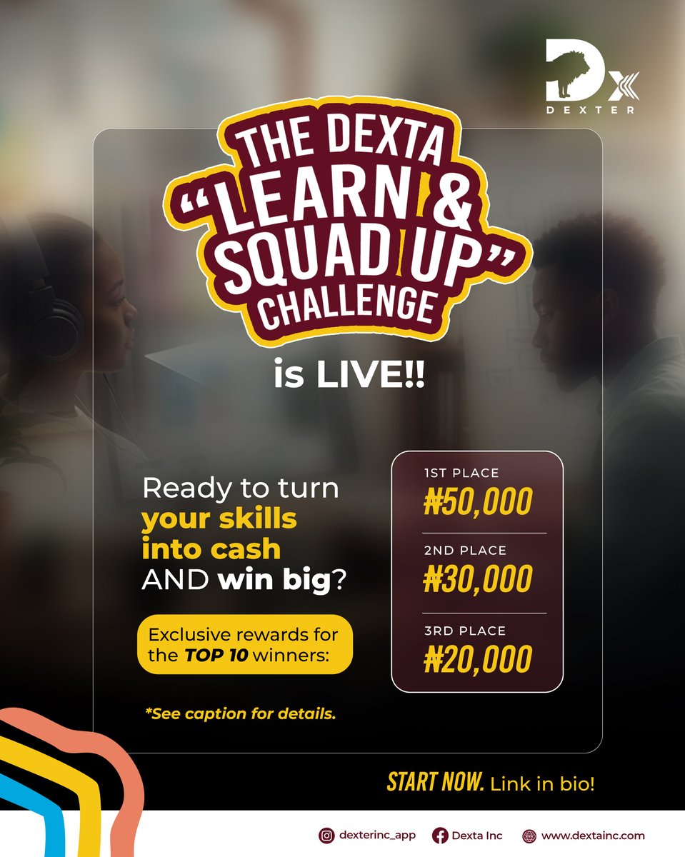 dextainc's tweet image. The #DextaSquadChallenge is waiting:

✅️Follow our page

✅️Sign up on app.dextainc.com

✅️Invite 3 friends to sign up

✅️Complete a course

✅️Share and tag us on social media using #dextasquadchallenge.

Start today!

#dexterskillplatform #dextasignup #upskill