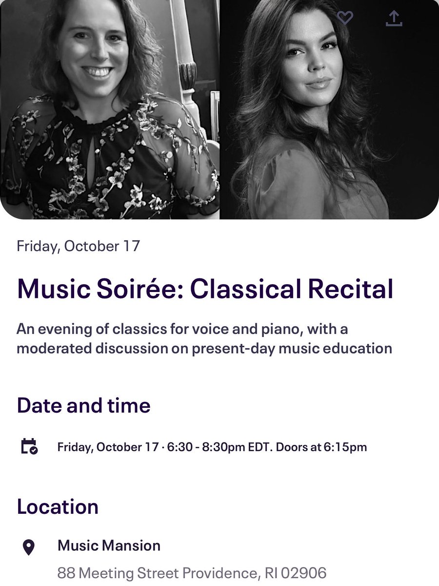 Returning to The Music Mansion in Providence next month! Excited to share a wonderful program for voice and piano with soprano Mara Adler, as well as chat about the importance of lifelong music education 🎶

🔗 Link to event info &amp; tickets: 
musicmansionsoiree.eventbrite.com

#music