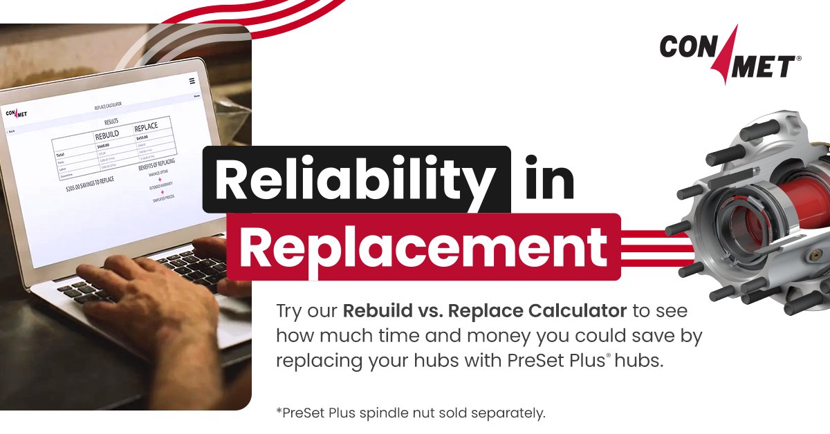 ConMet's tweet photo. Save hours of labor and cut downtime with ConMet PreSet Plus hub assemblies. Lower costs and get back on the road faster. 

Try our savings calculator: https://t.co/GaqCFYANDx

#ConMet #PreSet #PreSetPlus https://t.co/RB8oDumnCR